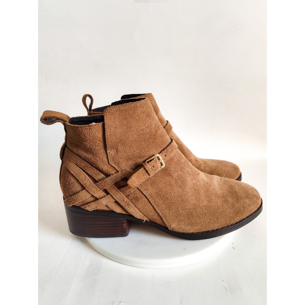 Cole Haan Ankle Boots Size 7.5‎ Camel Tan Suede Leather Sole Belted Preppy Chic